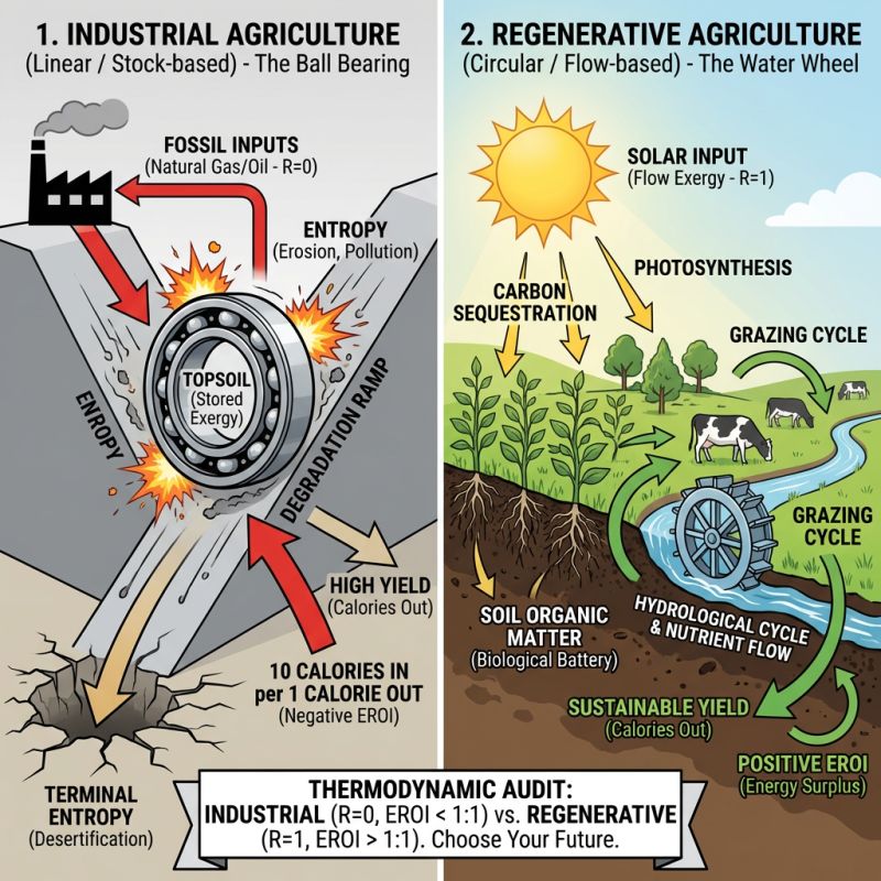 The Thermodynamics of Soil, Turning Fossil Fuels into Food vs. Turning Sunlight into Life.